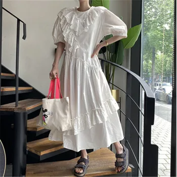 Moterų vasaros suknelė korėjos stiliaus Kablys gėlių susiėmę ilga suknelė o-kaklo sluoksniuotos rankovėmis kratinys nėrinių baltos suknelės 2020 m.