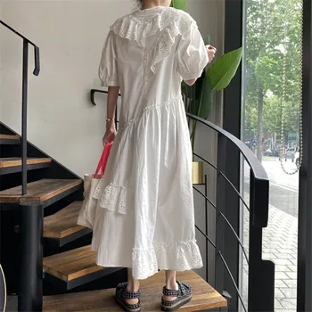 Moterų vasaros suknelė korėjos stiliaus Kablys gėlių susiėmę ilga suknelė o-kaklo sluoksniuotos rankovėmis kratinys nėrinių baltos suknelės 2020 m.