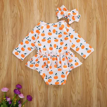 Nauja Rudens Kūdikių Mergaičių Mados Spausdinti Jumpsuits ilgomis rankovėmis Vaivorykštė Orange Rompers Lankelis Bamblys Kūdikių Komplektai