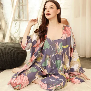 Nauja siunta High-end 3 VNT Moterų Pižama Nustatyti Viskozė Gėlių Spausdinti Moterų Pyjama Prarasti Elegantiškas Moterų naktiniai drabužiai Pavasarį, Vasarą