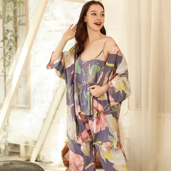 Nauja siunta High-end 3 VNT Moterų Pižama Nustatyti Viskozė Gėlių Spausdinti Moterų Pyjama Prarasti Elegantiškas Moterų naktiniai drabužiai Pavasarį, Vasarą