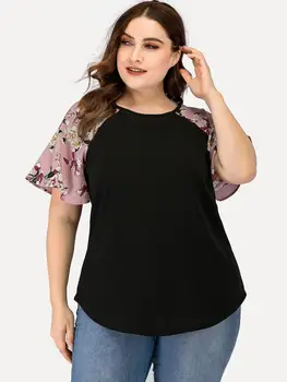 Naujas 2021 m. vasarą plius dydis viršūnes moterų didelės palaidinė trumpomis rankovėmis atsitiktinis palaidų gėlių spausdinti rausvos spalvos, juodi marškinėliai 3XL 4XL 5XL 6XL