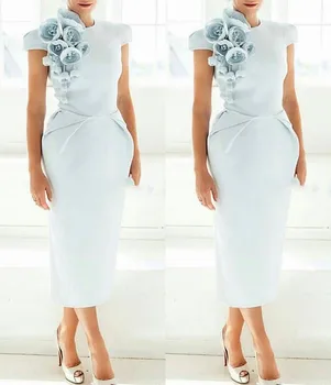 Naujas Atvykimo Bžūp Rankovėmis Arbatos Ilgio, Šviesiai Mėlynos Moterų Suknelė su Gėlėmis trumpomis Rankovėmis Oficialų vakarinę suknelę 2021 Prom šalis suknelė