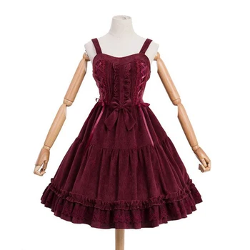 Naujas Lolita Dress Aukšto Juosmens Velvetas Petnešos Sijonas Plonas Nėrinių Liemenė-Sijonas Mažai Raudona Jojimo Hood Šalis Princesė Slydimo Suknelė, Apsiaustas