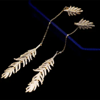 Naujas Mados Papuošalai, Aukso Spalvos Kubinis Cirkonis Plunksnų Dizaino Tabaluoti Auskarai Femme Bijoux