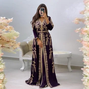Nuostabiu Nėrinių Aplikacijos Violetinė Dubajus Arabų Vakare Puošnios Suknelės Ilgomis Rankovėmis Maroko Kaftan Vakare Gown Musulmonų Prom Dresses