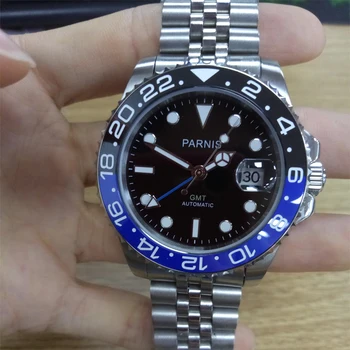 Parnis 40mm Blue Black Bezel Mechaninė Automatinė vyriški Laikrodžiai GMT Sapphire Kristalas Vyras Naras Žiūrėti Vyrų Laikrodis Viršų Prabangos Prekės