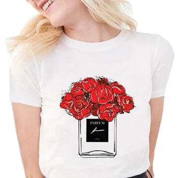 Paryžiaus Moterų Kvepalai T-Shirt parfum, Eau gėlių Spausdinti Marškinėliai harajuku viršuje Plius Dydžio Minkštos medvilnės Baltas grafinis tees moterims