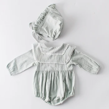 Pavasario Baby Girl Bodysuits +Hat 2020 M. Nauja Baby Girl Atvartas Ilgomis Rankovėmis Striukė Kūdikiui Medvilnės Jumpsuit Nuskaitymo Cap Baby Girl Drabužiai