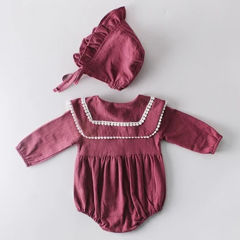 Pavasario Baby Girl Bodysuits +Hat 2020 M. Nauja Baby Girl Atvartas Ilgomis Rankovėmis Striukė Kūdikiui Medvilnės Jumpsuit Nuskaitymo Cap Baby Girl Drabužiai