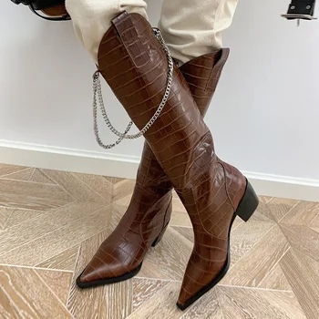 Prekės dizaineris moterų kaubojus grandines batai mados motociklo kelio ilgi batai pažymėjo tne vidurio storas kulnas cowgirl ilgai, ponios batai