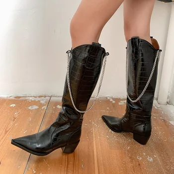 Prekės dizaineris moterų kaubojus grandines batai mados motociklo kelio ilgi batai pažymėjo tne vidurio storas kulnas cowgirl ilgai, ponios batai