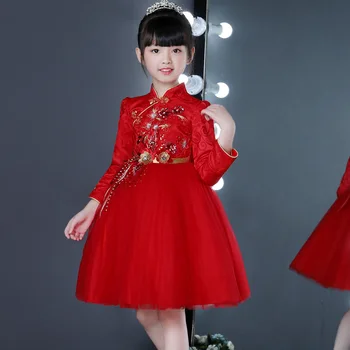Puikūs Kinų Stiliaus Vaikams Mergina Gimtadienio Suknelės Vaikiška Raudona ilgomis Rankovėmis Rudens Gėlių Mergaitė Cheongsam Suknelė