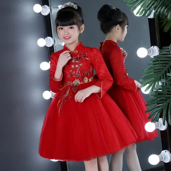 Puikūs Kinų Stiliaus Vaikams Mergina Gimtadienio Suknelės Vaikiška Raudona ilgomis Rankovėmis Rudens Gėlių Mergaitė Cheongsam Suknelė