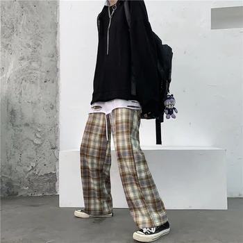 QWEEK Harajuku Derliaus Pledas Kelnės Moterims Naujos korėjos Stiliaus Patikrinti Kelnės Japonijos Streetwear Prarasti Klasikinis Pločio Kojų Kelnės