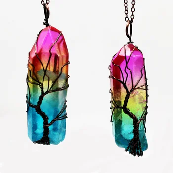 Rainbow Crystal Pakabukas Antikvariniai Žalvaris Danga Gyvybės Medžio Viela Suvynioti Spalva Žalias Kvarco Retro Stiliaus 