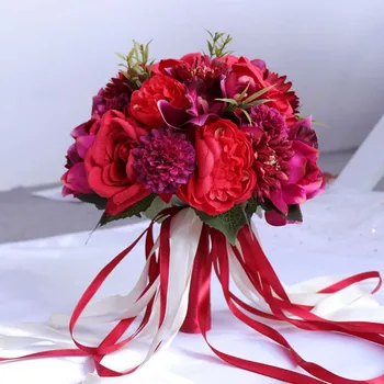 Raudona Rožinė Vestuvių Puokštė Rankų darbo Dirbtinių Gėlių, Rožių Nuotaka, turintis Gėlių Romantiška Vestuvių Spalvingas Nuotaka 's Puokštė PH008