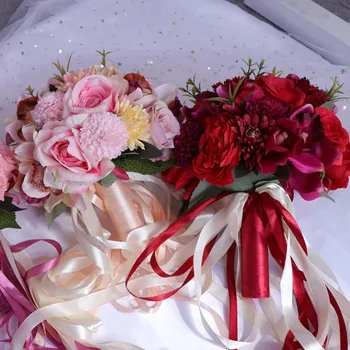 Raudona Rožinė Vestuvių Puokštė Rankų darbo Dirbtinių Gėlių, Rožių Nuotaka, turintis Gėlių Romantiška Vestuvių Spalvingas Nuotaka 's Puokštė PH008