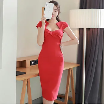 Raudonas Pieštukas Office Lady Suknelė 2020 Metų Vasaros Paprasta Aikštėje Apykaklės Aukštos Juosmens Trumpas Rankovės Temperamentas Elegantiškas Šalis Suknelė Moterims