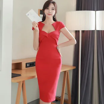 Raudonas Pieštukas Office Lady Suknelė 2020 Metų Vasaros Paprasta Aikštėje Apykaklės Aukštos Juosmens Trumpas Rankovės Temperamentas Elegantiškas Šalis Suknelė Moterims
