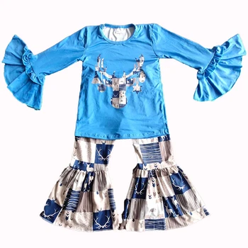Rudenį, žiemą kalėdų boutique vaikų dėvėti mėlynos spalvos ilgomis rankovėmis + gėlių užsiliepsnojo kelnės nustatyti 0-16 metų mergytę drabužiai