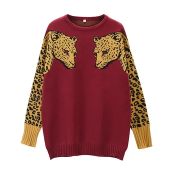 Rudenį, Žiemą Megzti Megztinis Moterims Leopardas Modelis Ilgomis Rankovėmis Megztinis Atsitiktinis 2 Simetriškus Pantera Galvos Moterų Laisvi Megztiniai