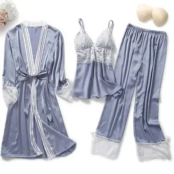 Sleepwear 5VNT Skraiste Nustatyti Moterų Satino naktiniai drabužiai Atsitiktinis Vestuvių Chalatas Kimono Prarasti V-Kaklo Pižamą Sexy Nėrinių Intymus apatinis Trikotažas