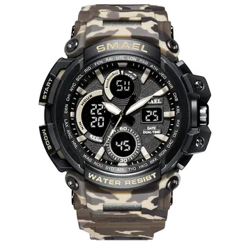 SMAEL Sporto Laikrodžiai Vyrams Dual Laiko, LED Skaitmeniniai Kvarciniai Laikrodžiai Mados Raudona Kamufliažas Kariniai Laikrodžiai 50M atsparumas Vandeniui Laikrodis