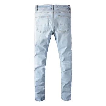 Sokotoo Vyrų šviesiai šviesiai mėlyna kratinys džinsai Mados plonas liesas skylių kankina ruožas džinsinio audinio kelnės