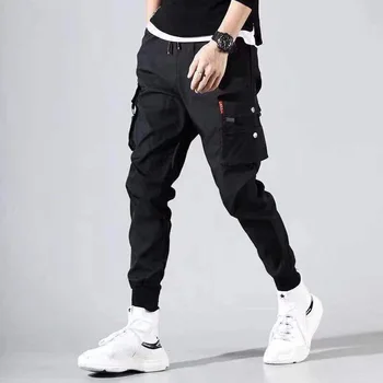 Streetwear Juostelės Atsitiktinis Kelnės Vyrams Juodos Slim Mens Poilsiu Kelnes Šoninės kišenės Medvilnės Vyras Kelnės
