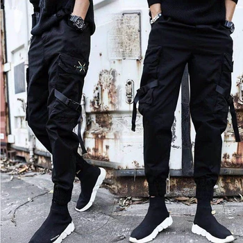 Streetwear Juostelės Atsitiktinis Kelnės Vyrams Juodos Slim Mens Poilsiu Kelnes Šoninės kišenės Medvilnės Vyras Kelnės