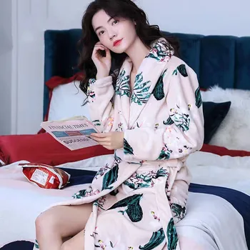 Sustorėti Flanelė Moterų Chalatas Kimono Suknelė Pižamą Žiemą Šiltas Koralų Vilnos Sleepwear Naktiniai Drabužiai Atsitiktinis Spausdinti Gėlių Homewear