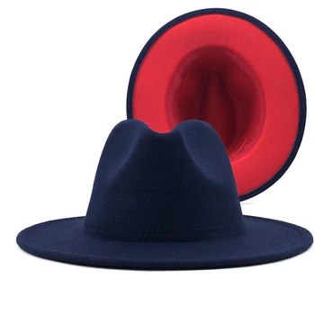Unisex Išorinis Laivyno ir raudona Vidinis Raudonos Vilnos Veltinio Džiazo Fedora Skrybėlės su Plonu Diržo Sagtis Vyrai Moterys Masto Kraštų Panama Trilby Bžūp L XL