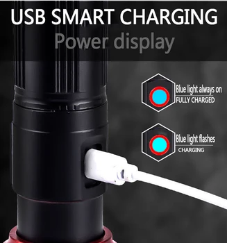 USB Įkrovimo Flash Light Žibintuvėlis Galingas Šviesos Zoom XHP90 5 LED Režimas 