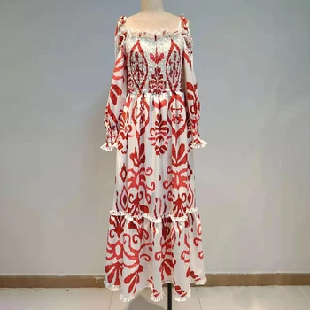 VGH Bohemijos Spausdinti Suknelė Moterims Velniop Kaklo, ilgomis Rankovėmis Kratinys Nėrinių Ruched Diržas Suknelės Moterų Mados Naują Drabužių 2020 m.