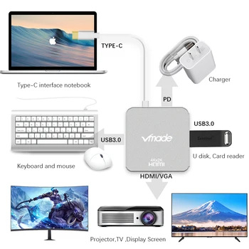 Vmade C Tipo HDMI USB 3.0 PD Įkroviklis Adapteris Keitiklis UCB C CENTRU, Huawei Mate 10 Samsung S8 Plus Multi Funkcija Skaičiuoklė