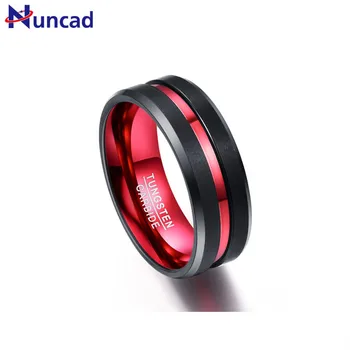 Volframo plieno žiedas butas vieno griovelio vidiniame raudona 8mm plotis originali vestuvių juostoje volframo karbido