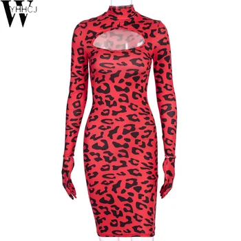 WYHHCJ 2020 tuščiaviduriai iš leopardas spausdinti skylę sexy mini suknelė su pirštines pavasario vasaros moterų mados streetwear komplektus klubas dėvėti