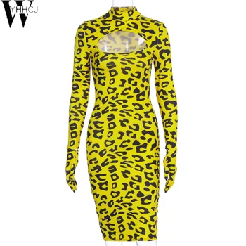 WYHHCJ 2020 tuščiaviduriai iš leopardas spausdinti skylę sexy mini suknelė su pirštines pavasario vasaros moterų mados streetwear komplektus klubas dėvėti