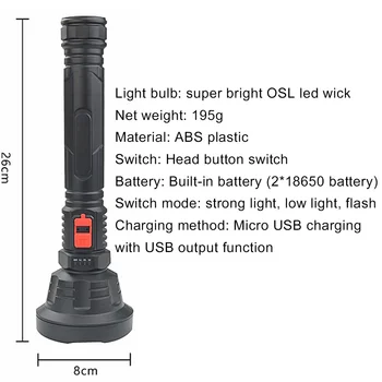 XHP50 Super Galingas LED Žibintuvėlis Taktinis Žibintuvėlis Built-in 18650 Baterija USB Įkrovimo Vandeniui Lempos Itin Ryškių Žibintų