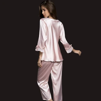 Šilko pižama Miega ilgomis Rankovėmis Miego Viršūnes Šilko Kelnės Sleepwear Nustatyti Pižama Moterims Dviejų dalių Rinkiniai Pižama Paauglių Mergaičių