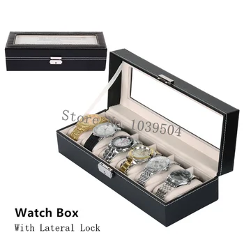 Šoninės Užrakto 6 Lizdai Žiūrėti Dėžės Atveju-Juodos Odos Žiūrėti Organizatorius Su Stiklo Mechaninis Laikrodis Saugojimo Dovanų Dėžutė Turėtojas