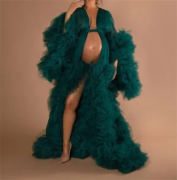Žalia Iliuzija Tiulio Raukiniai Ilgomis Rankovėmis Moterų Žiemos Seksualus Kimono Nėščia Šalies Sleepwear Moterų Chalatas Vien Pižamą Skraiste