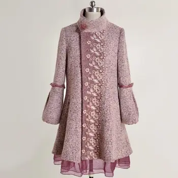 Žiemos naujas saldus stiliaus nėrinių siuvinėjimo paltai moterų Mandarinų Apykaklės žibintų Rankovės vilnos viršutiniai drabužiai 2019 naujas viršūnes gx1575